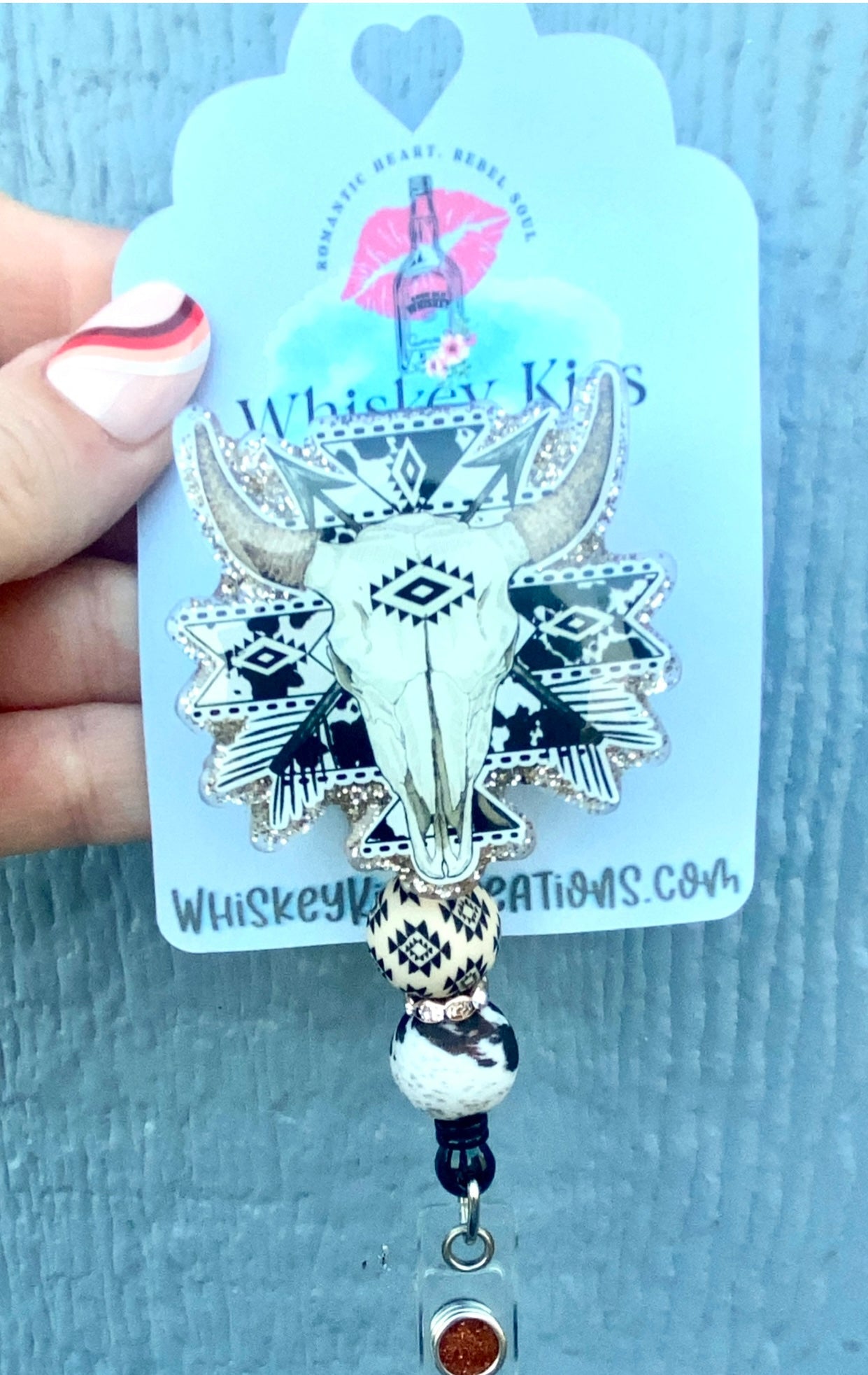 Cute Western/ Aztec Cow Skull Badge Reel- For Healthcare workers, Nurses, CNA, Cow Badge Reel
