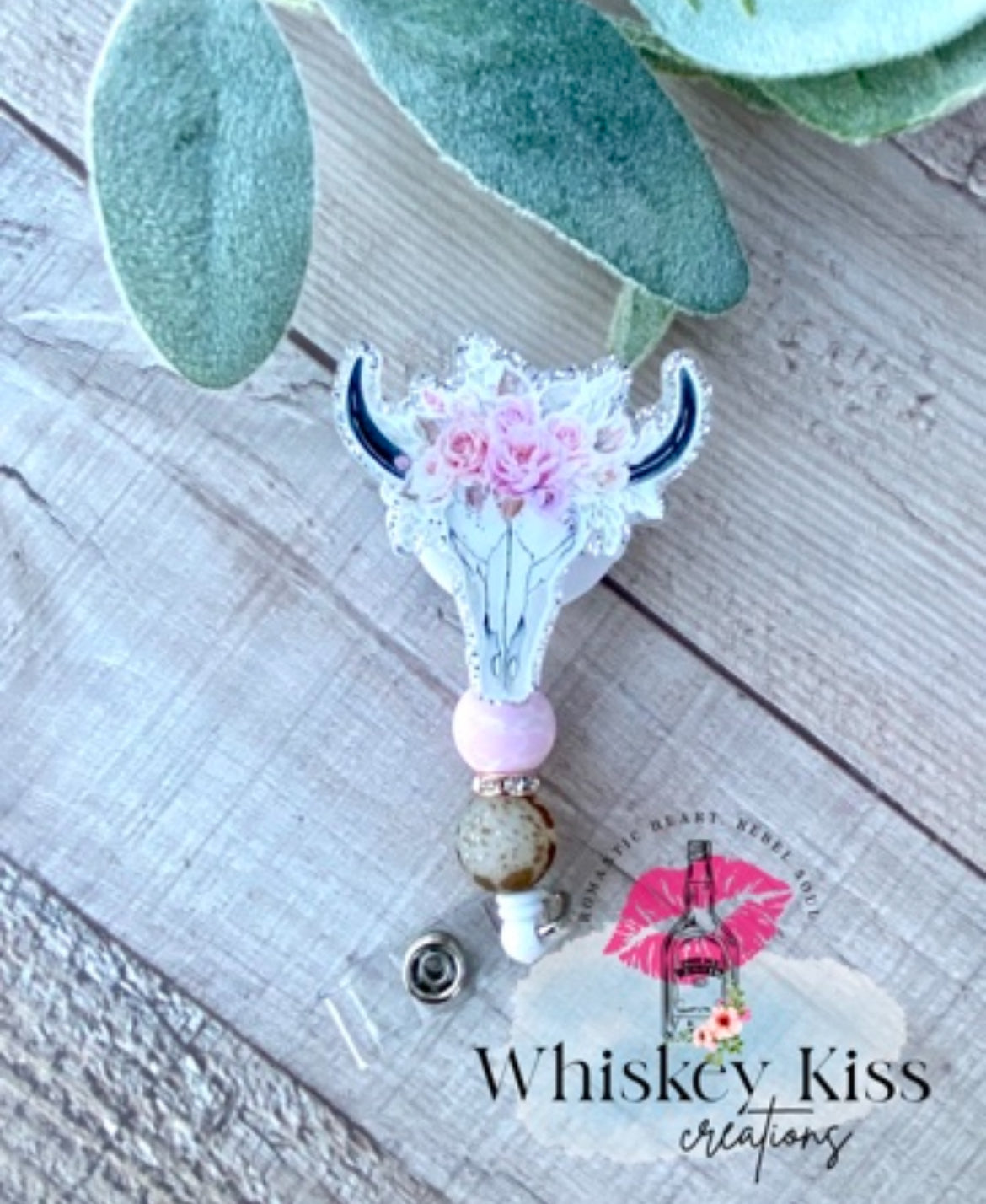 Floral Bull Skull Beaded Badge Reel