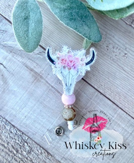 Floral Bull Skull Beaded Badge Reel