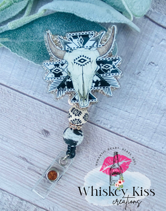 Cute Western/ Aztec Cow Skull Badge Reel- For Healthcare workers, Nurses, CNA, Cow Badge Reel